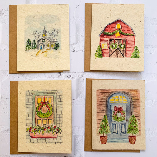 Plantable seed paper christmas cards with original watercolor designs.