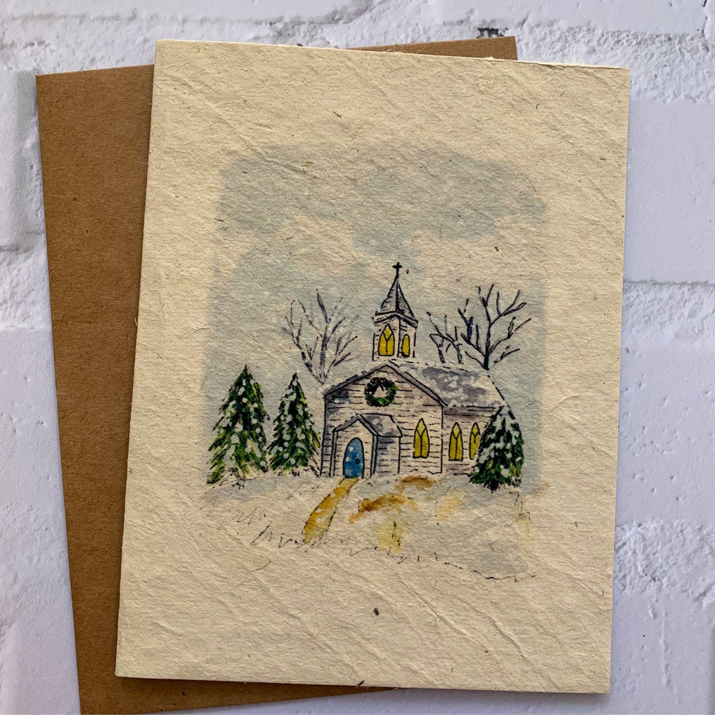 watercolor church Christmas card printed on flower seed paper with kraft envelope