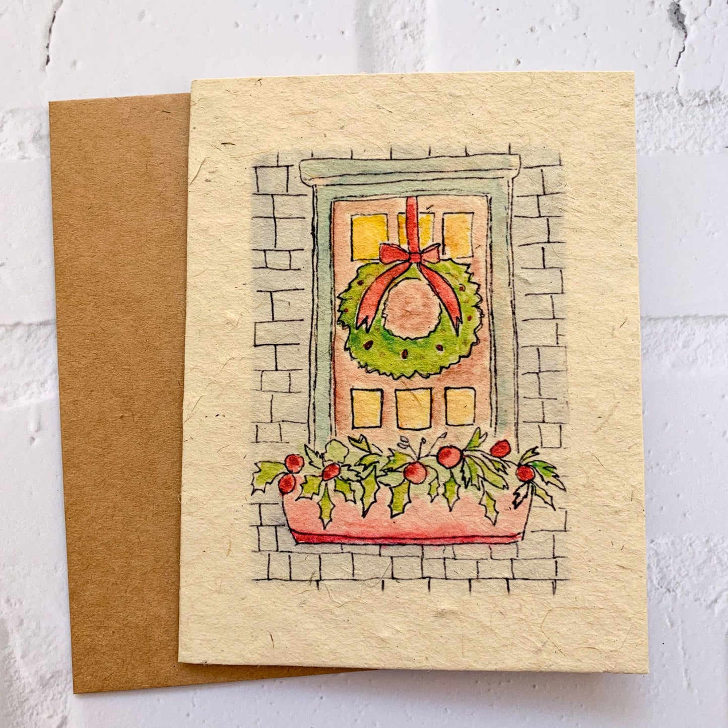 country style watercolor wreath and holly eco friendly Christmas card