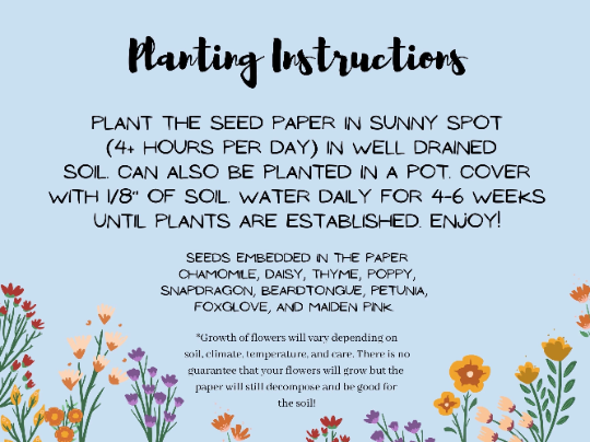 Planting Instructions for Helen Jeanne Handmade flower seed paper cards.