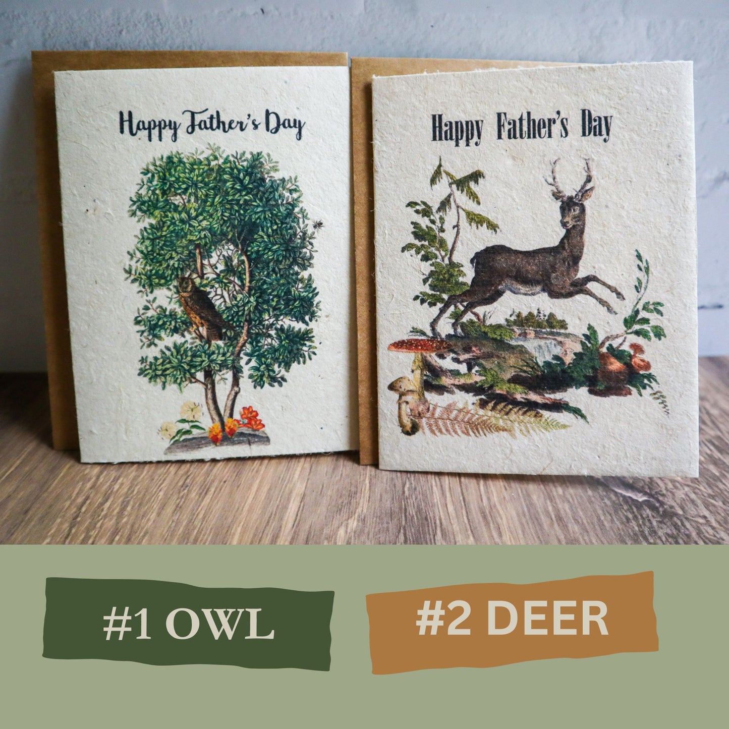father's day plantable cards printed on flower seed paper with owl or deer design