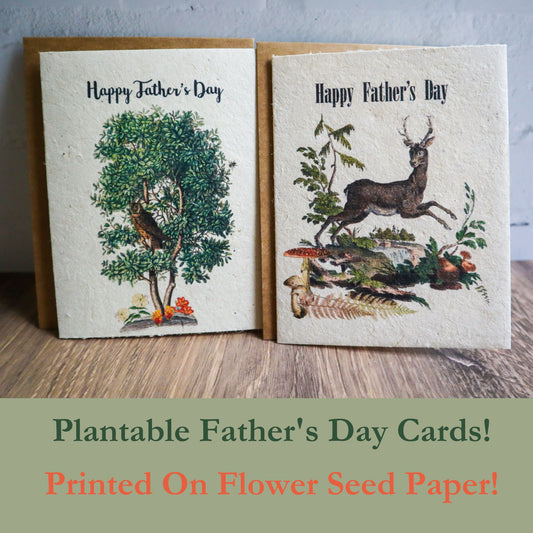 Father's day plantable cards printed on flower seed paper with owl or deer design