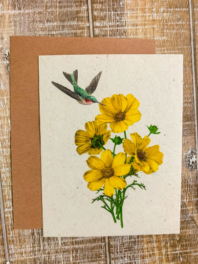yellow flowers with hummingbird seed paper card