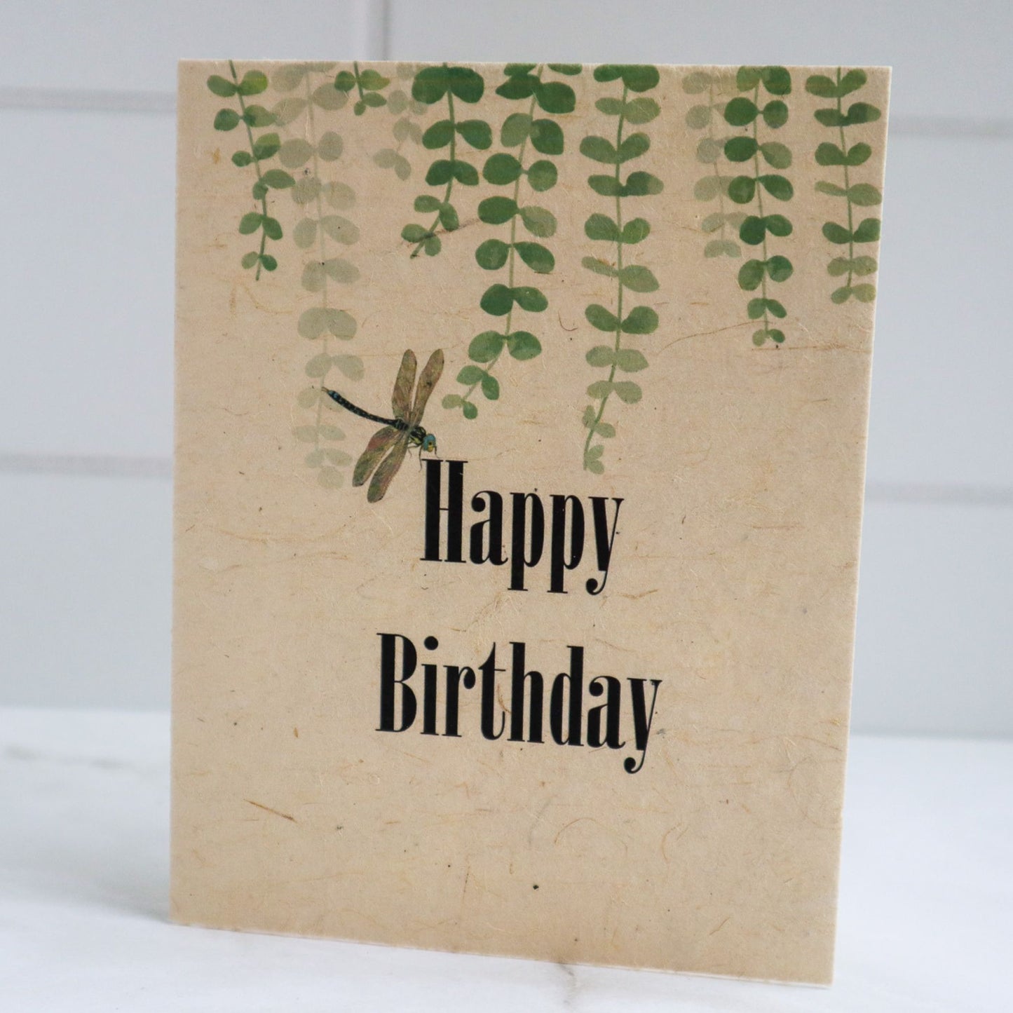 Plantable seed paper birthday card with dragonfly and greenery. Helen Jeanne Handmade card.